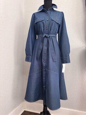 Denim Button-Front Belted Lightweight Shirt Dress Puff Shoulders Detailed Stitch